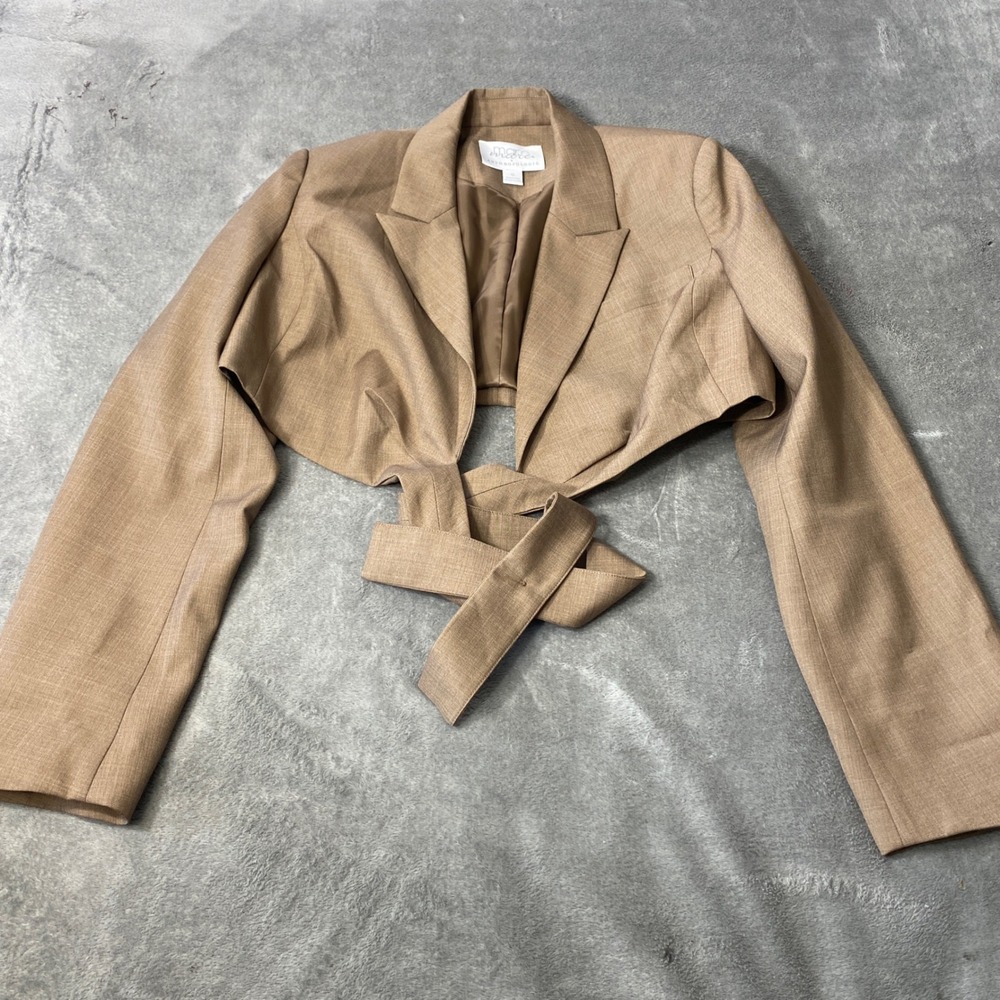 Cropped Blazer Mare Mare x Anthropologie Womens M Tan Tie Front Wrap Long Sleeve